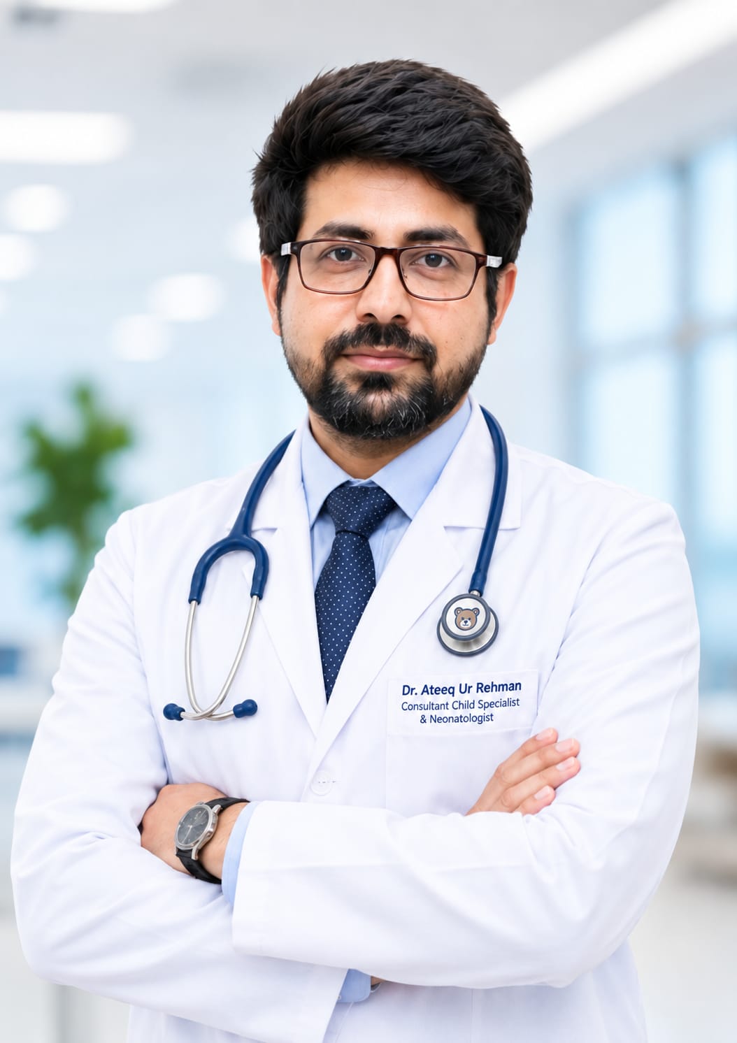 Dr. Ateeq Ur Rehman wearing a white coat and stethoscope